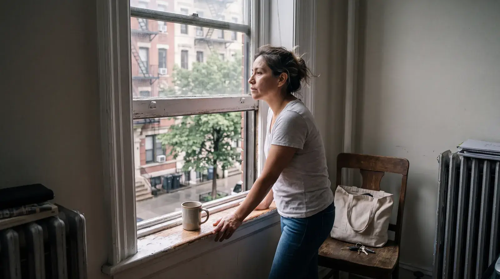 Woman leaning on the sill of an open apartment window above a tree-lined New York street, taking a slow breath