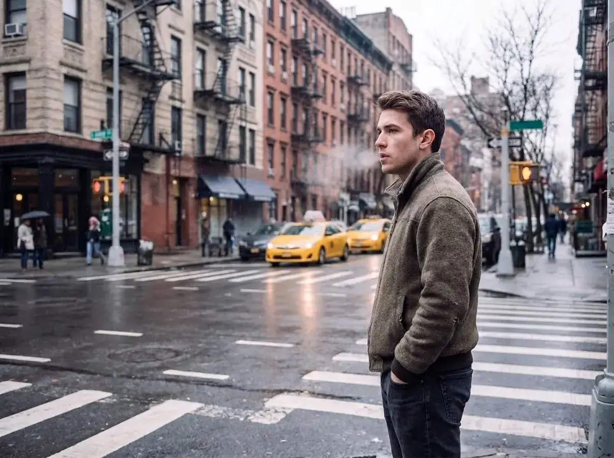 Young man waiting at a rainy New York crosswalk with his hands in his pockets