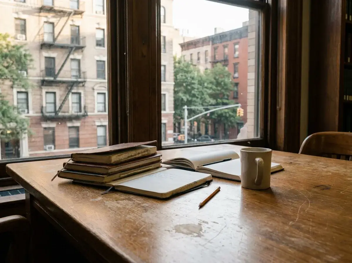Worn journals, an open notebook and a mug on a wooden reading table by a city window