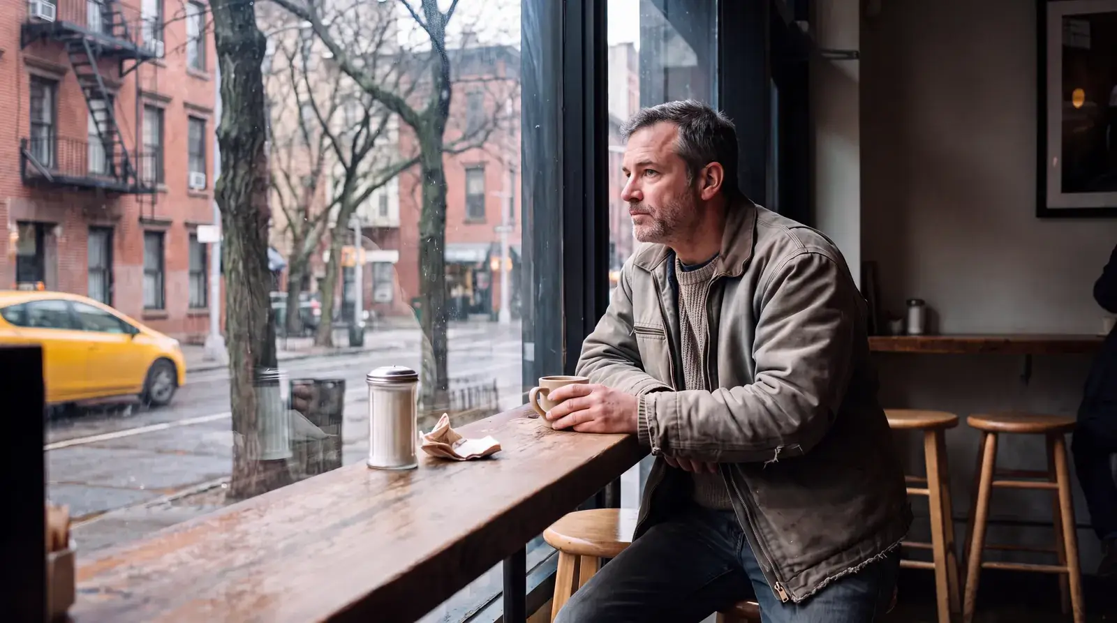 Man with graying stubble at a coffee shop window counter on a rainy New York morning, gazing at the street