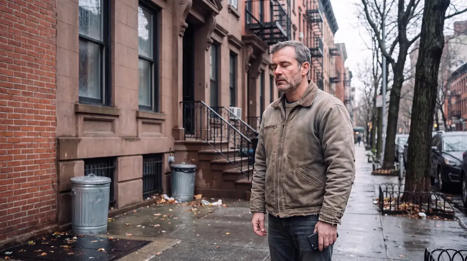 Man with graying hair pausing on a brownstone sidewalk with his eyes closed, phone lowered at his side