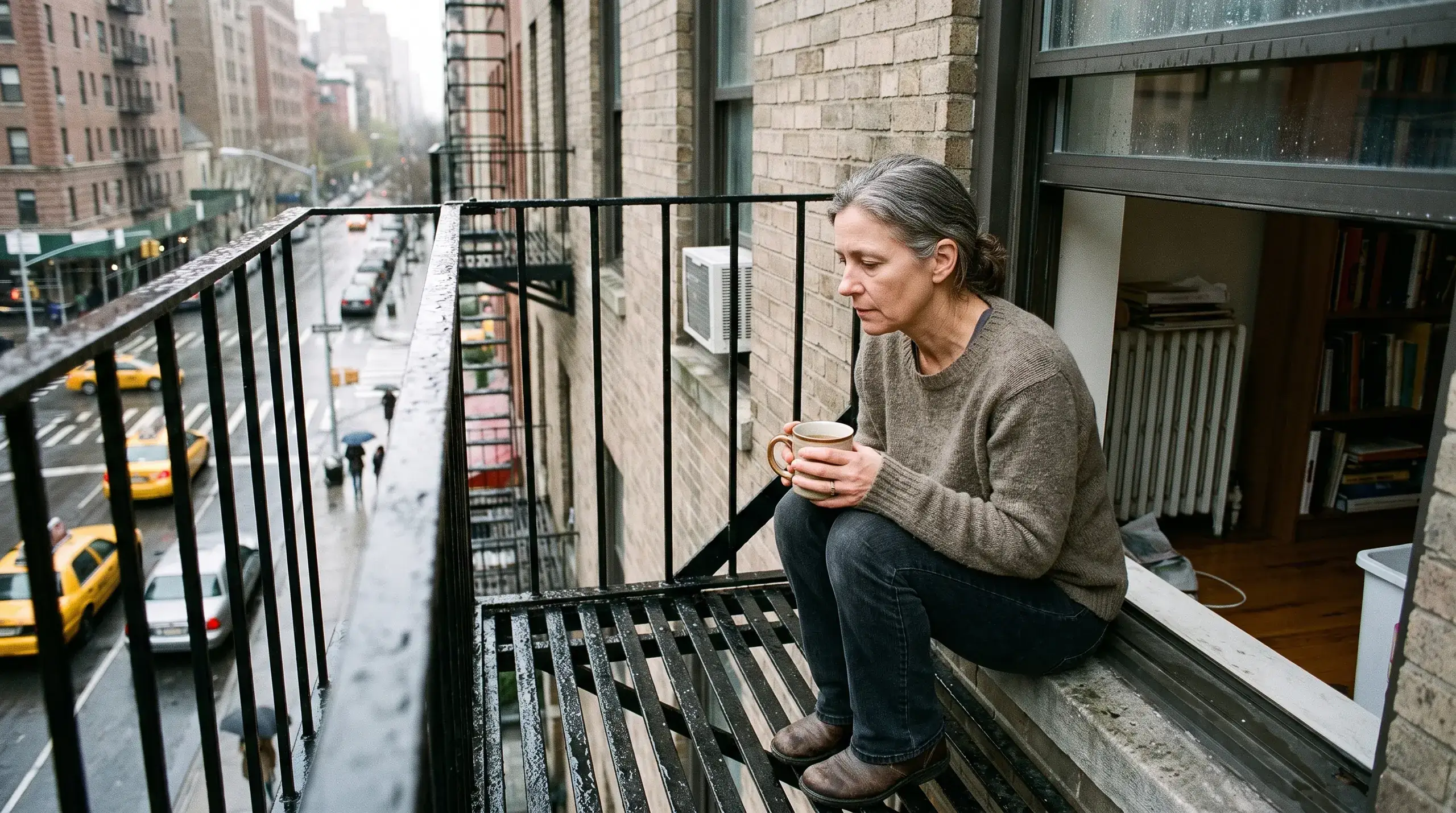 Woman sitting on a fire escape landing with a mug on a gray morning above a busy New York avenue