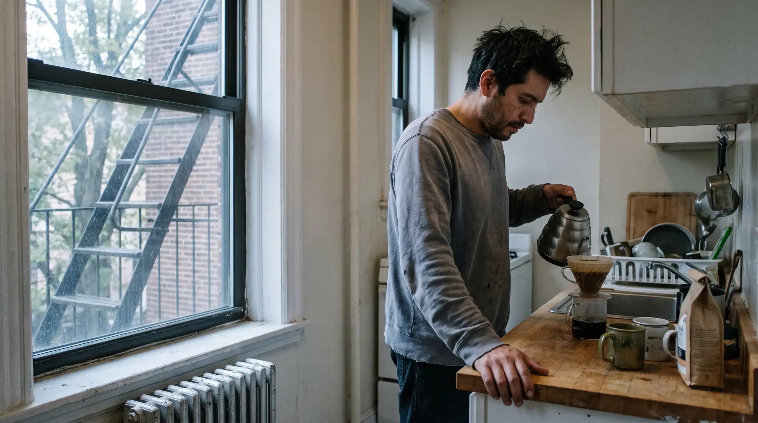 Man pouring coffee slowly in a narrow pre-war kitchen with a fire escape outside the window