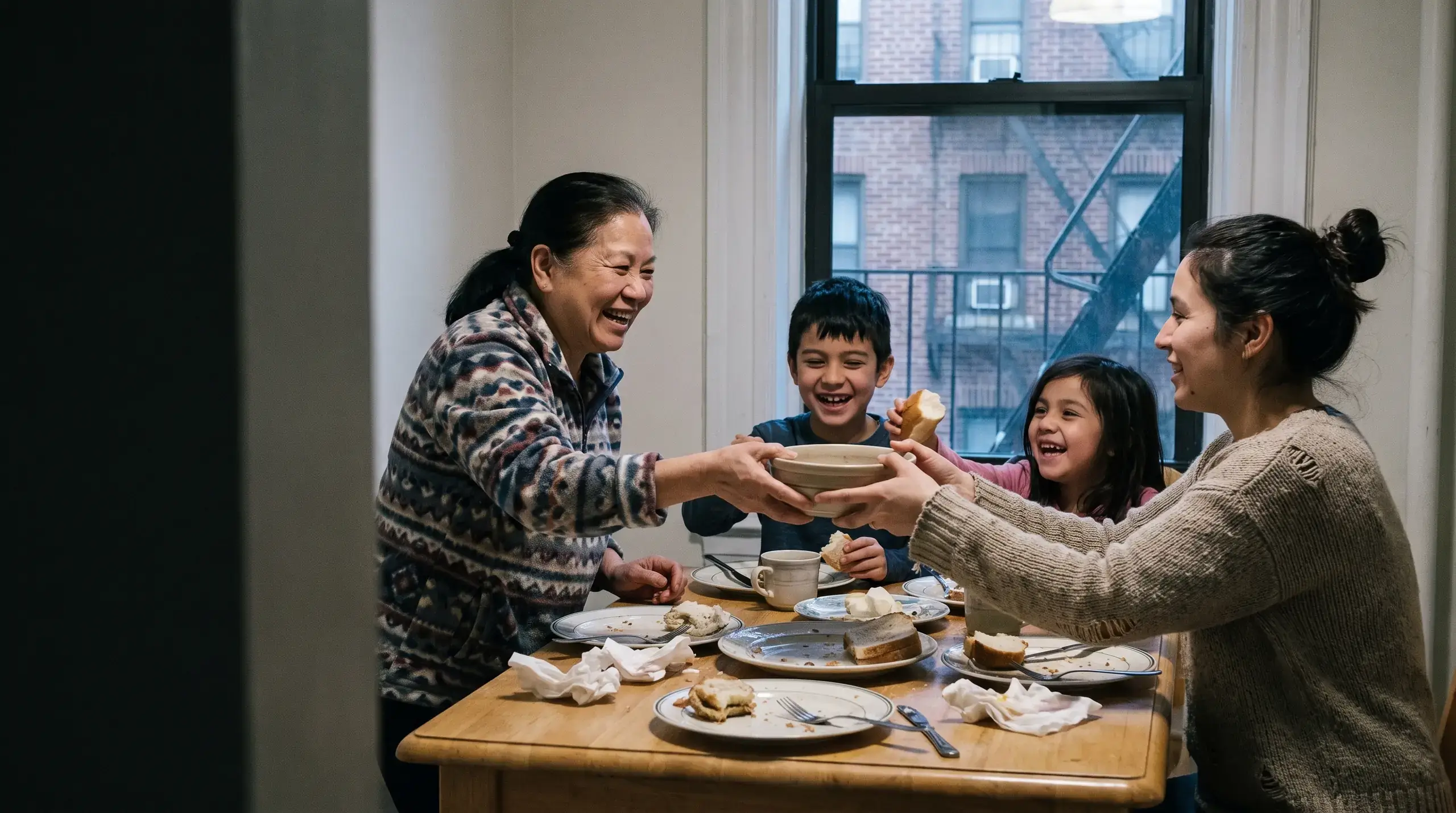 Grandmother, mother and two children laughing and passing plates at a crowded kitchen table