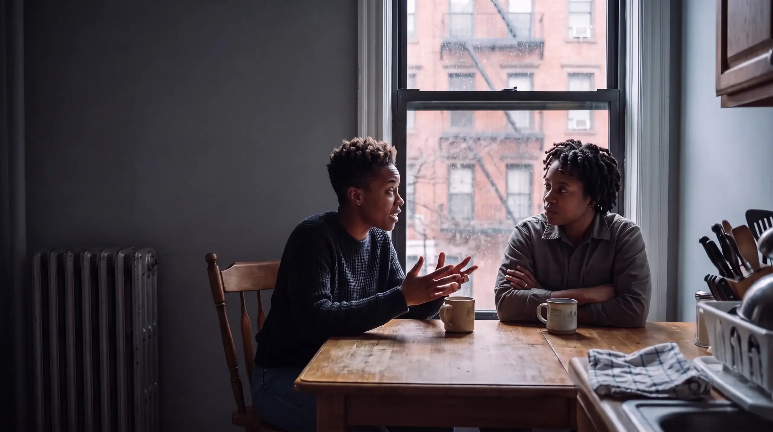 Two women in a serious, open conversation over mugs at their kitchen table by a window