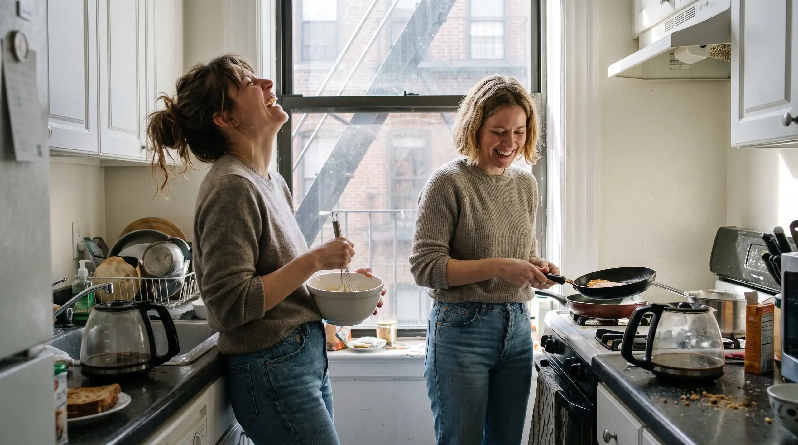 Two women laughing together while making breakfast in a small apartment kitchen