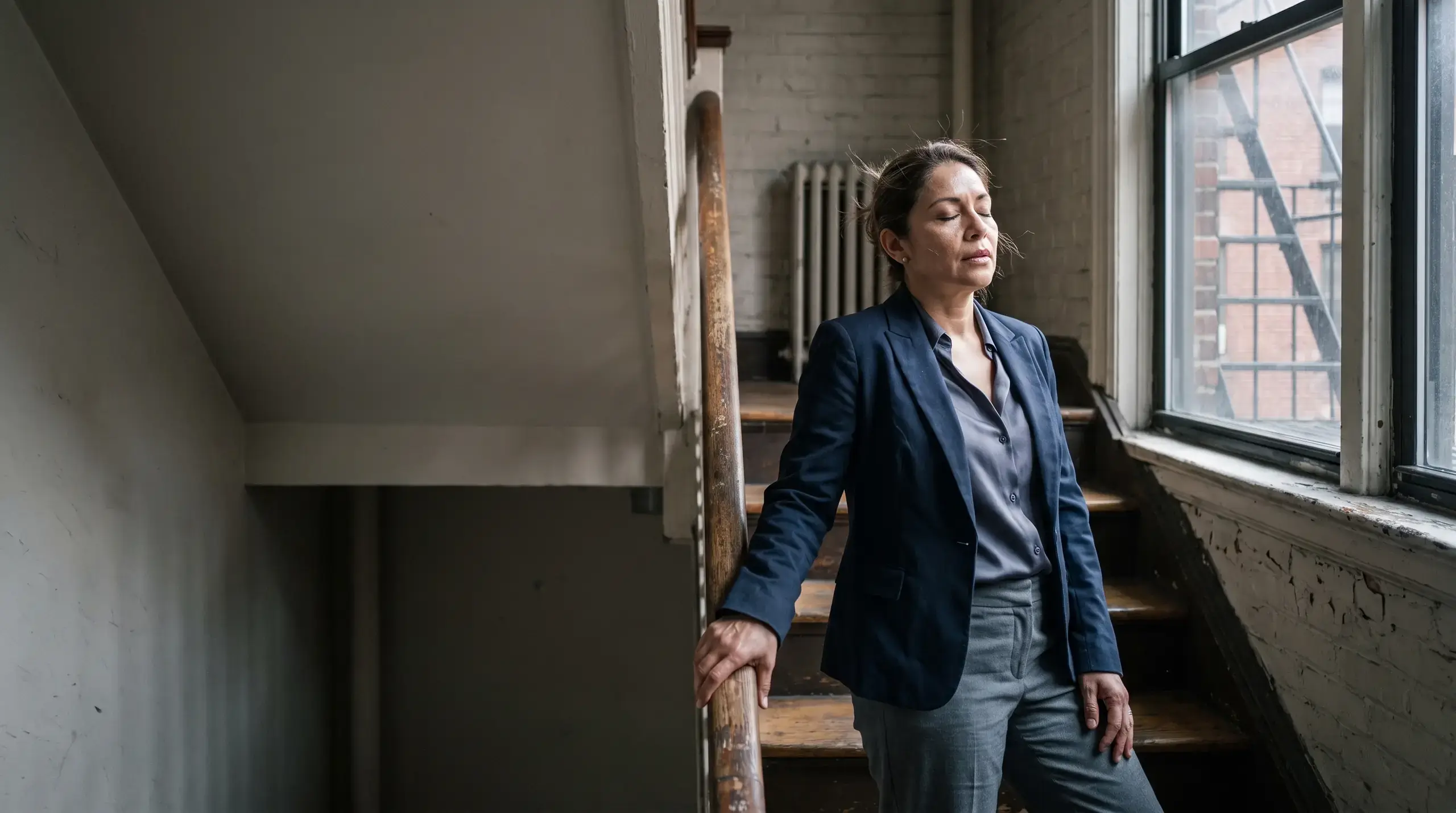 Woman in business clothes pausing alone in an old stairwell with her eyes closed between meetings