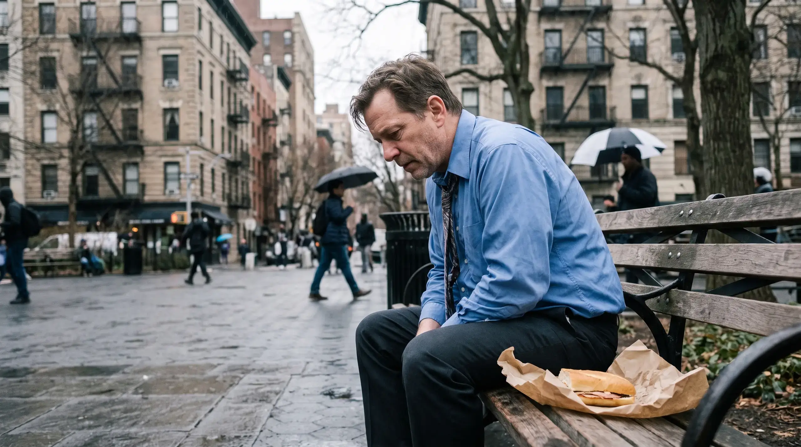 Man with his tie loosened sitting alone on a plaza bench at lunchtime, sandwich untouched