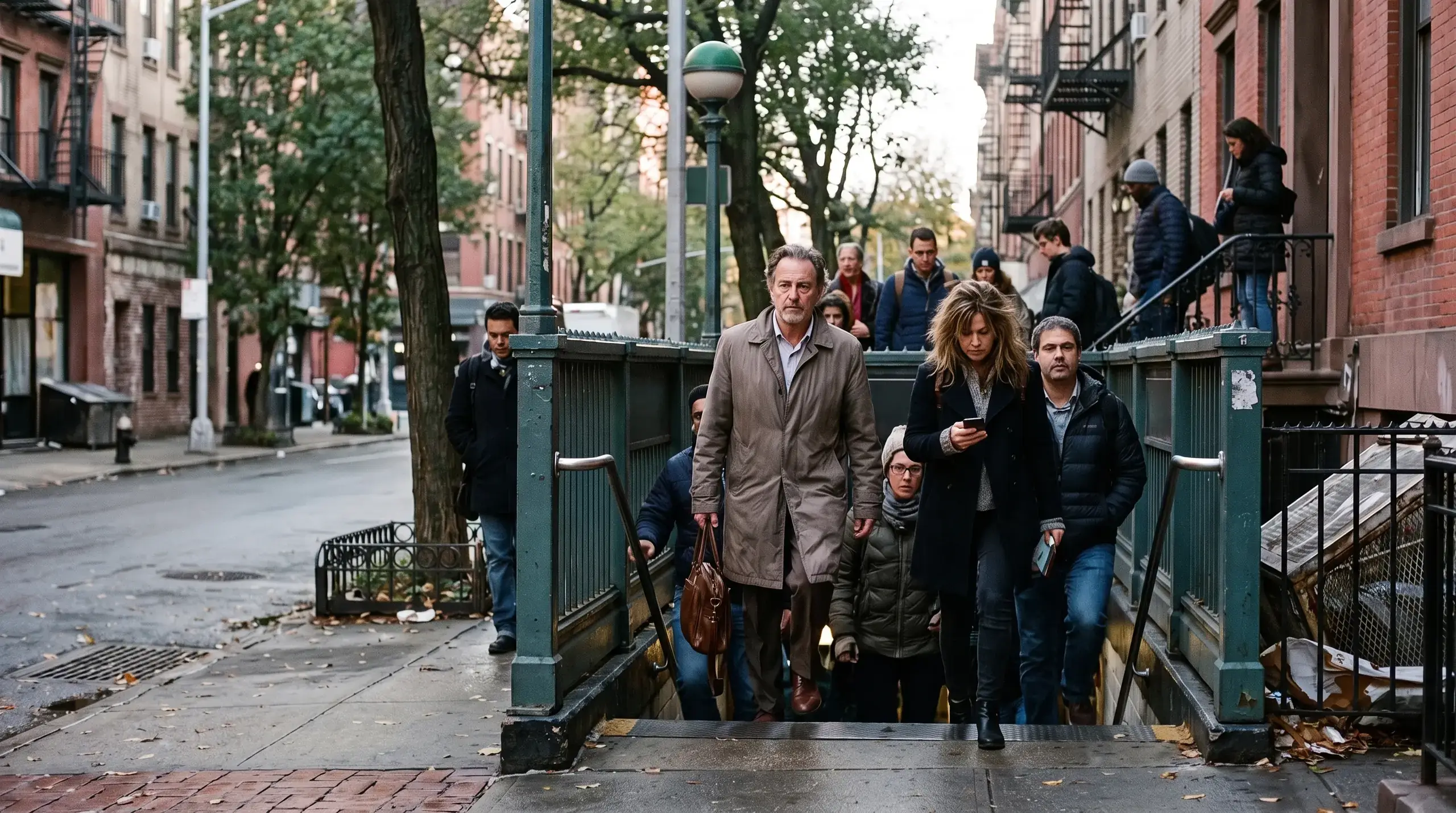 Commuters climbing the stairs out of a subway entrance onto a leafy New York street