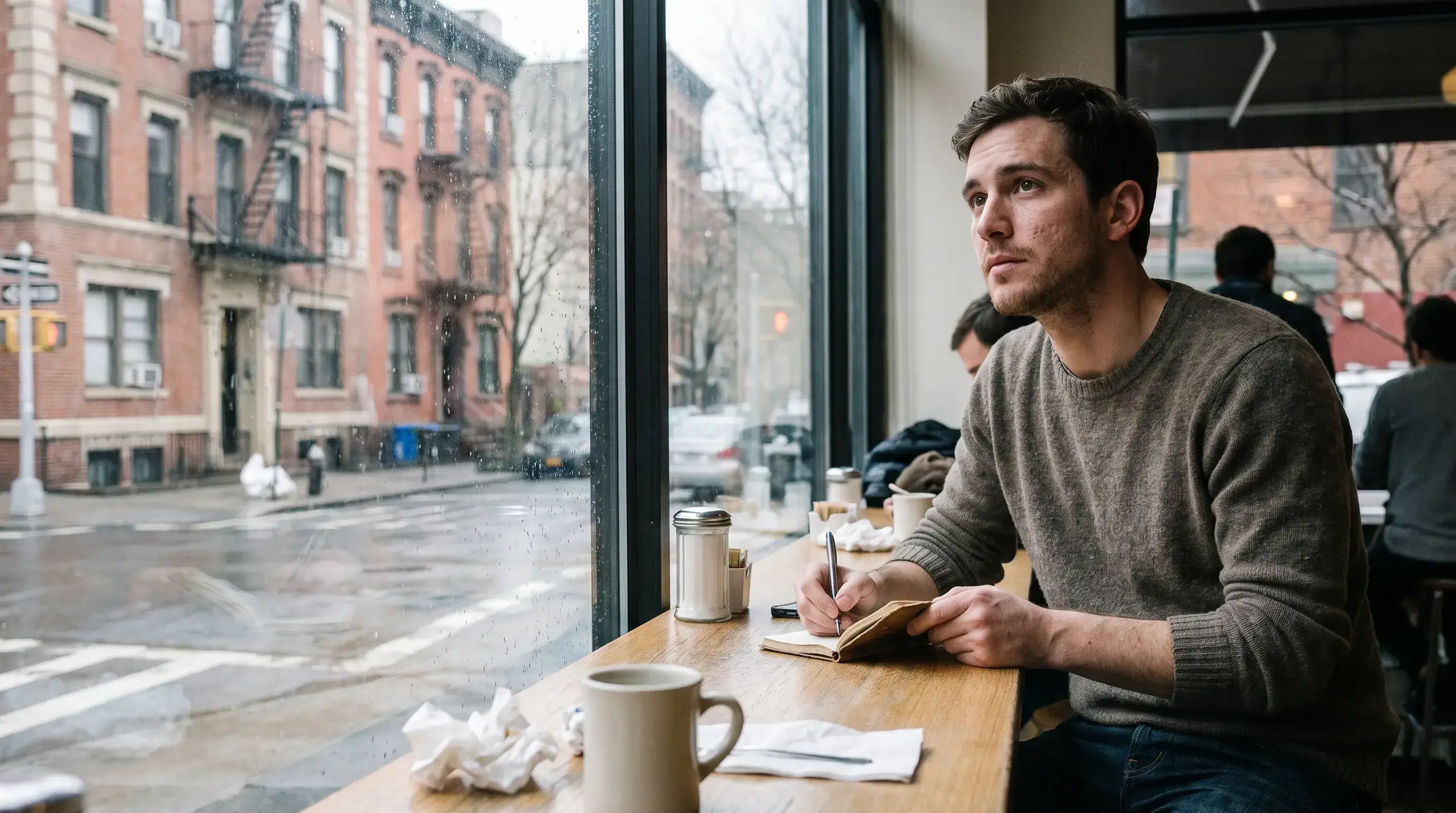 Young man at a cafe window counter pausing to think while writing in a small notebook