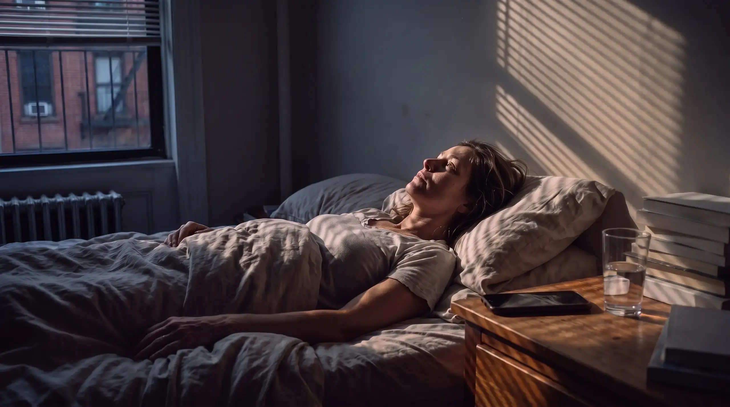 Woman lying awake in bed with light through the blinds, phone face down on the nightstand