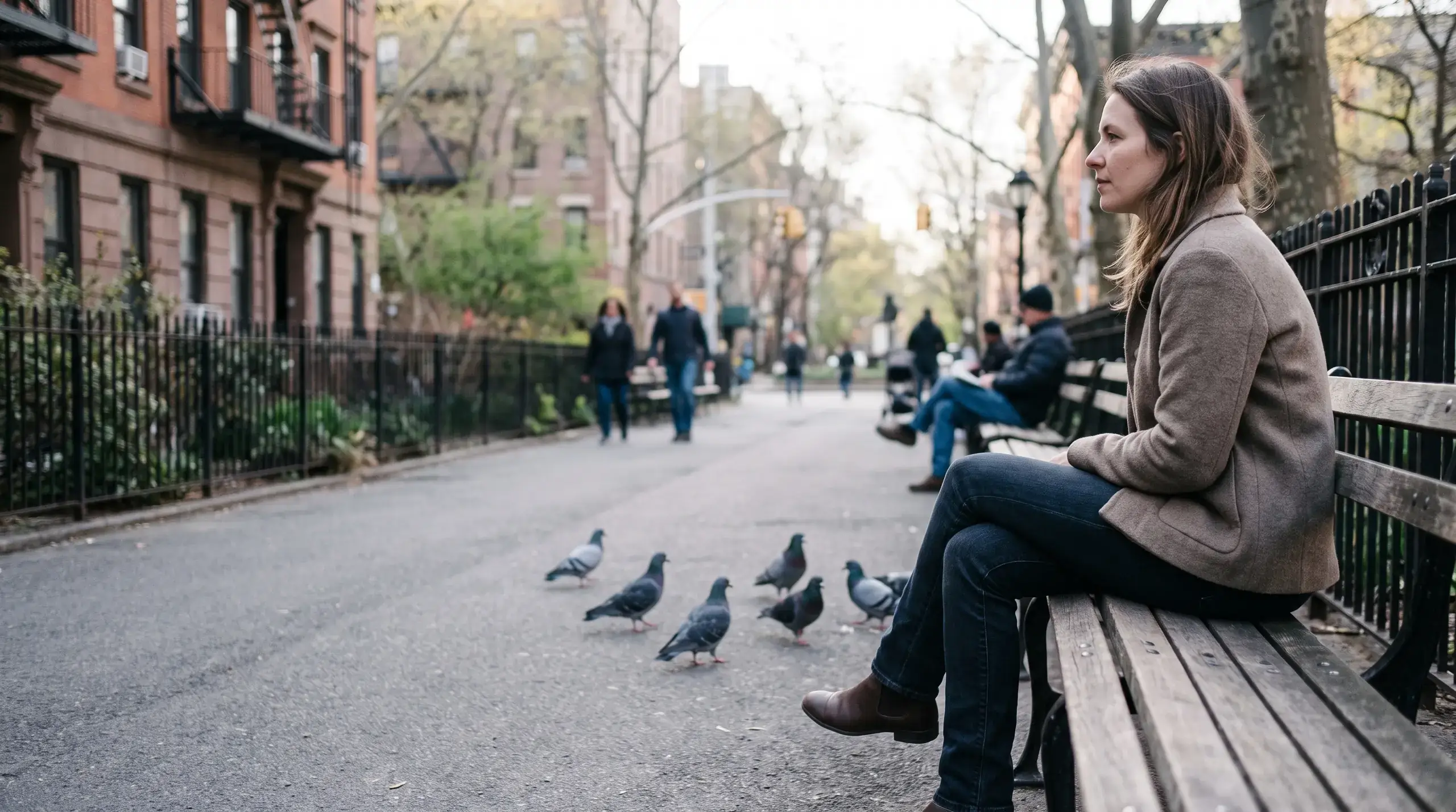 Woman sitting calmly on a neighborhood park bench watching pigeons in soft morning light