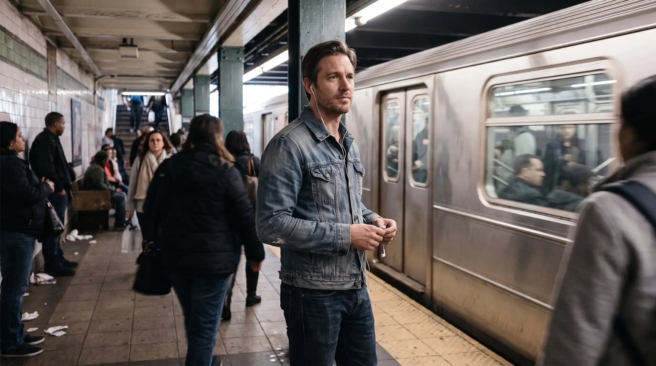 Man standing relaxed on a busy subway platform as a train arrives
